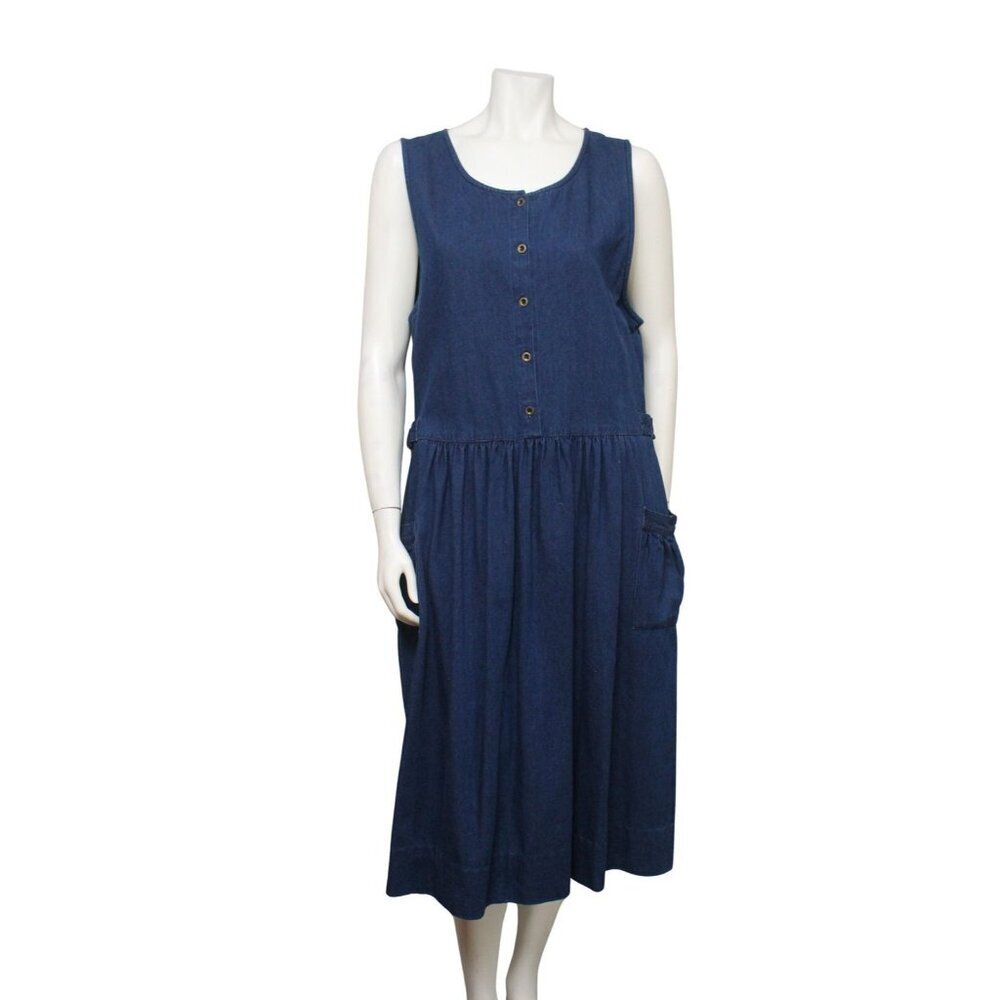 Vintage Y2K Denim Dress Size Large Eddie Bauer Button Pockets 90s Modest Prairie
